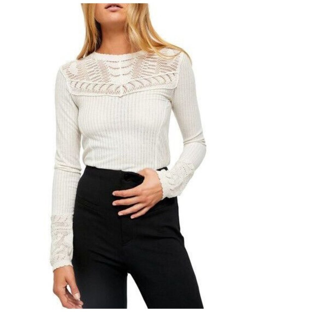 Free People Tunic Colette Scallop Neck Trim Knit Neutral Beige Sand Size M